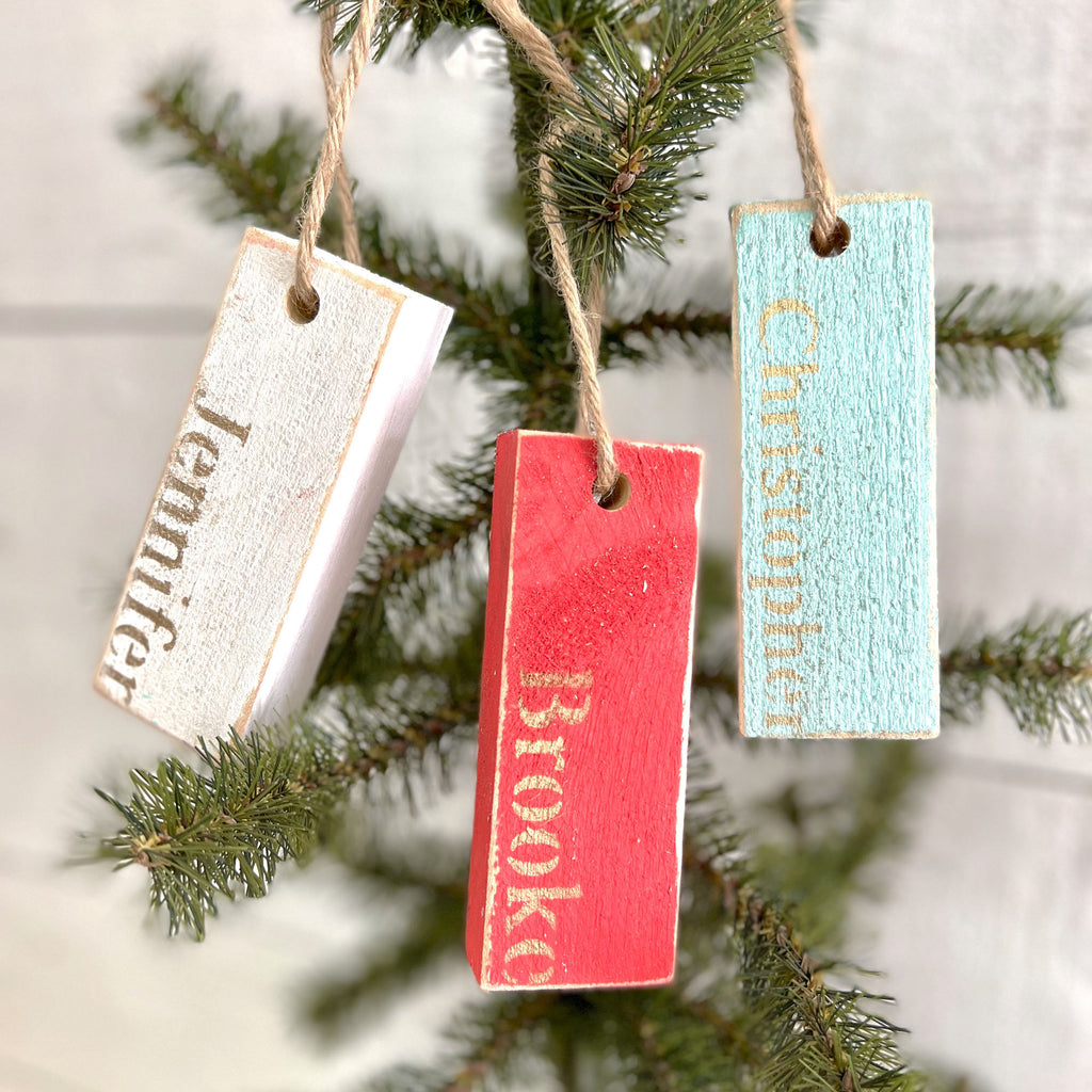 Whimsical Personalized Christmas Tree Wood Ornaments, Wood Name Place Card