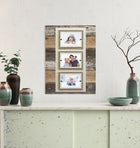Triple Photo Picture Frame Modern Farmhouse Rustic Weathered Reclaimed Wood Picture Frame with Burlap Accents