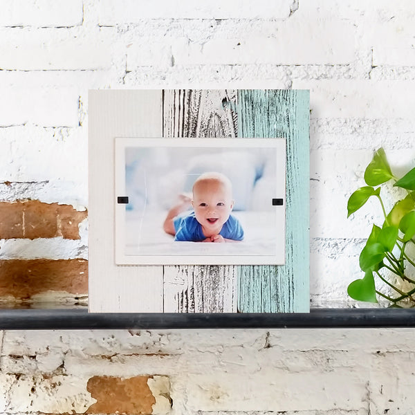 Farmhouse Coastal Style Reclaimed Wood Cape Cod Frame with a 4x6 or 5x7 Picture | White washed with Turquoise slat | Hangs and Stands - Beach Frames