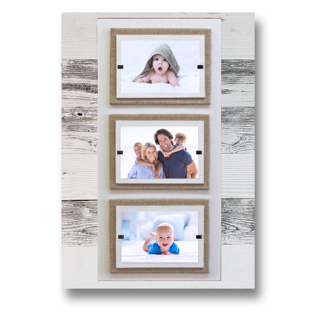 Triple Picture Photo Frame Modern Farmhouse Rustic Weathered Reclaimed Wood  with Burlap Accents