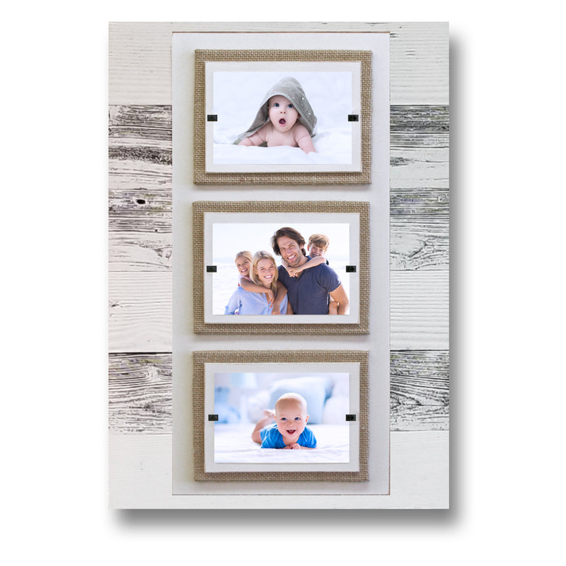 Cape Cod Style Triple 4x6 Picture Rustic Reclaimed Wood Picture Frame with Burlap Accent Backboards - Beach Frames