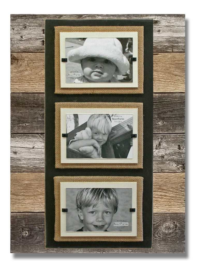 Modern Beach House Triple 4x6 Picture Wood Photo Frame with Burlap