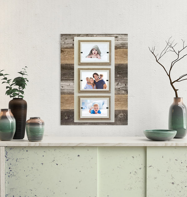 Triple Photo Picture Frame Modern Farmhouse Rustic Weathered Reclaimed Wood Picture Frame with Burlap Accents 