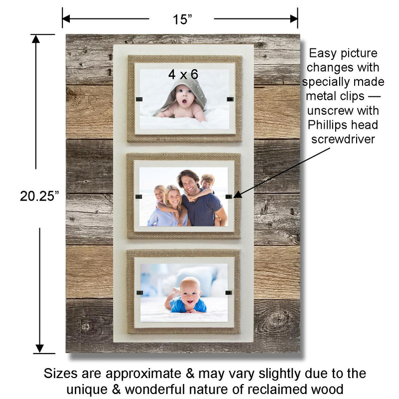 Triple 4x6 Picture Modern Farmhouse Rustic Weathered Reclaimed Wood Picture Frame with Burlap Accents - Beach Frames